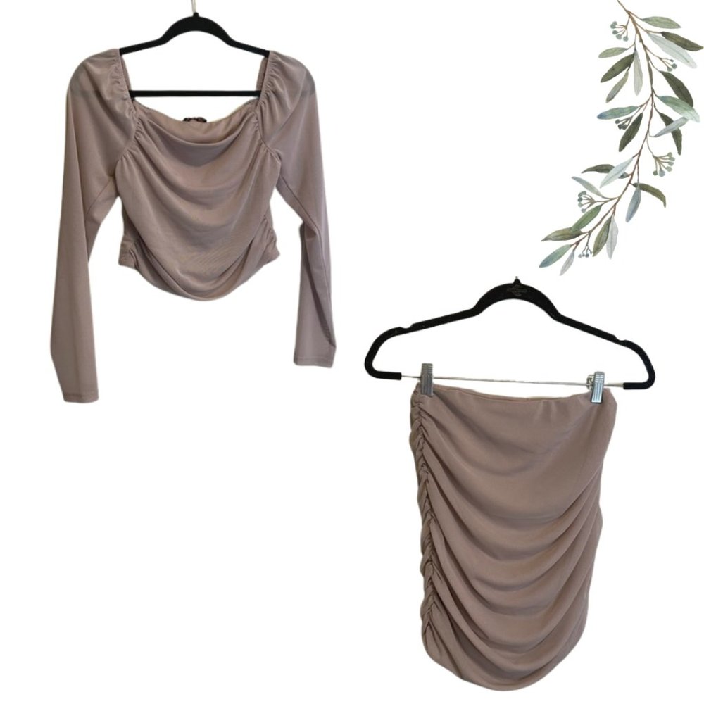 Shine Star Ruched Bodycon Long Sleeve Two Piece Set Size Medium in Light Taupe